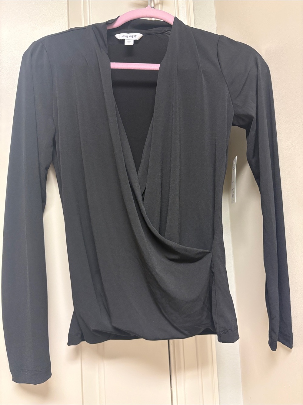 Nine West Black Long-Sleeve Drape Front Wrap Top